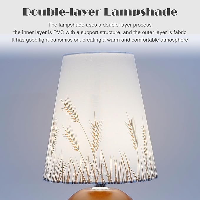 Vintage Wooden Base Fabric Night Lamp, Adjustable Light Color and Brightness with Power-Off Memory, Safe USB Powered, Retro LED Table Light for Bedroom Living Room Office (Wheat)