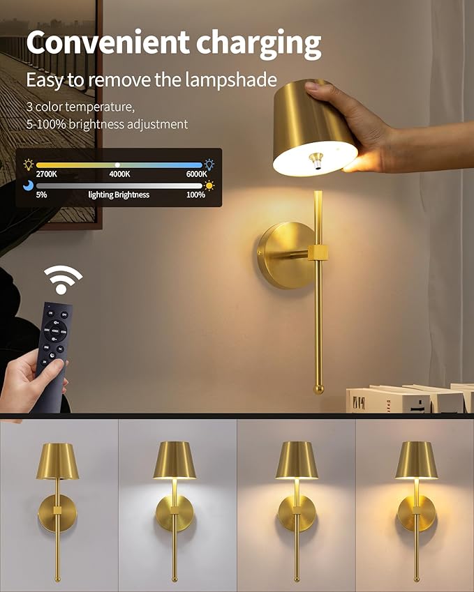 KDG Wireless Wall Sconces Set of 2, Small Cordless 5200mAh Rechargeable Battery LED Wall Lamps, Stepless Dimming Lightings for Wall Painting, Living Room, Bedroom, Hallway, Gifts, Night Light (Gold)