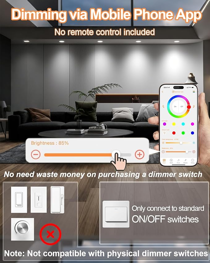 LED Recessed Lighting 5/6 inch, Smart Bluetooth Can Lights, 13W 1050LM, RGB Color Changing Selectable, Retrofit Led Recessed Light Fixtures Compatible with Alexa for Bedroom Living Room Kitchen, 2Pack