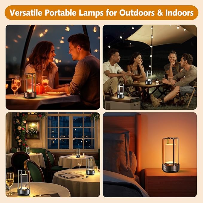 Portable Table Lamp for Outdoor Indoor: Cordless Rechargeable Desk Lamp with 3 Color Stepless Dimmable - Metal Battery Operated Lantern Light for Bedroom/Bar/Coffee Shop/Camping (Graphite)