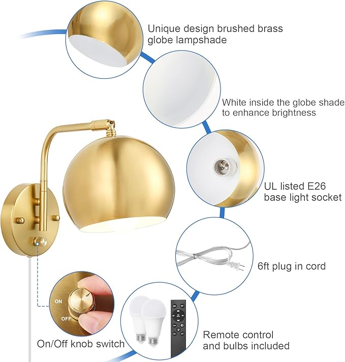 VATONI Wall Sconce with Remote Control, Plug in Wall Sconces Dimming 0-100% and Adjustable Color Temperature 2700K-6000K, Brushed Brass Globe Swing Arm Wall Lights with Plug in Cord(2 Pack, 2 Bulbs)