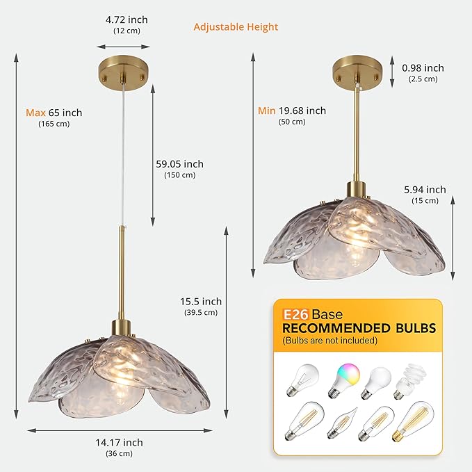 14" Smoked Hammered Glass Pendant Light, Large Vintage Pendant Lighting, Modern Industrial Ceiling Hanging Light Fixture for Island Dining Room Foyer Hallway Bar Cafe Kitchen Sink