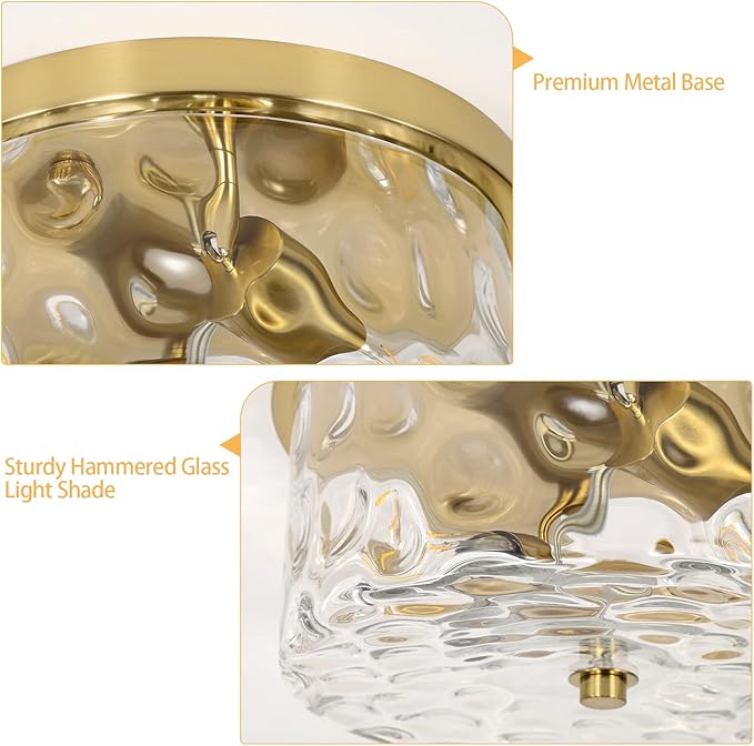 LamQee 9.8" Small Flush Mount Ceiling Light with Clear Hammered Glass, Brushed Gold Hallway Light Fixtures Ceiling Mount for Bathroom, 2-Lights Farmhouse Close to Ceiling Light Kitchen Foyer Bedroom