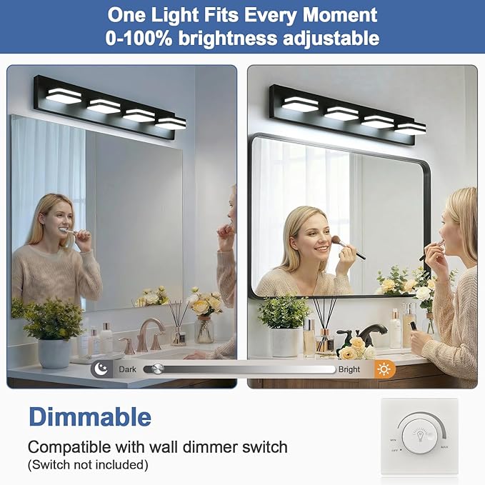 360° Rotate LED Dimmable Bathroom Vanity Light Fixtures, 1600LM Acrylic Matte Black Vanity Lights for Bathroom, Modern Wall Lighting Fixtures Over Mirror Kitchen Living (Natural White Light 5000K)