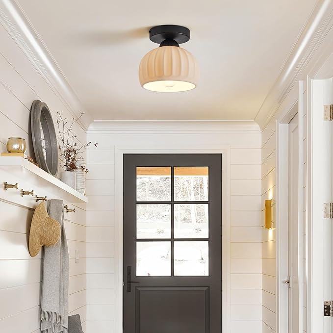 2 Pack Ceramic Semi Flush Mount Ceiling Light,Vintage Black Hallway Light Fixtures, White Globe Ceiling Lights,Mid Century Small Chandelier Light Fixture for Cottage Entryway Laundry Room Kitchen