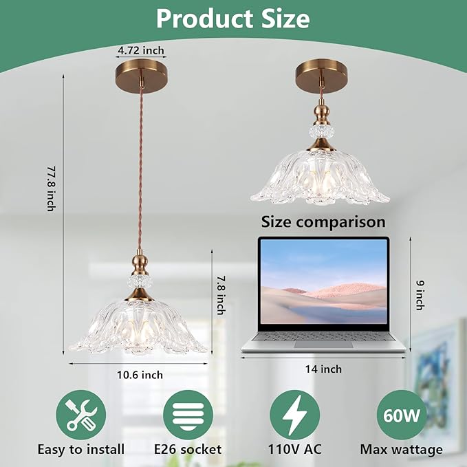Vintage Small Glass Pendant Light Fixtures for Kitchen Island 10.6" Farmhouse Brass Gold Adjustable Hanging Ceiling Light for Bedroom Coffee Shop Dining Room Sink Table