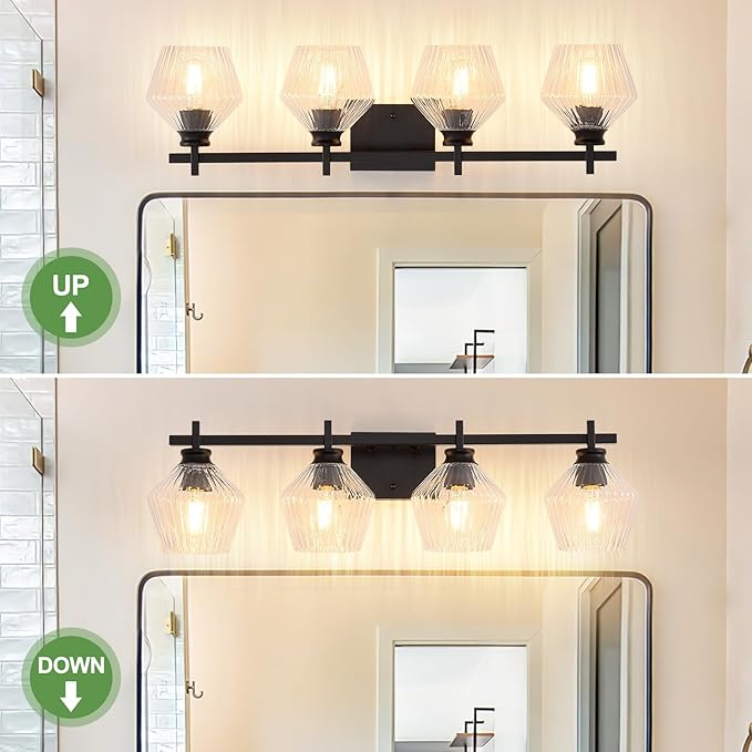 30.35in Modern Bathroom Light Fixtures, 4 Light Vanity Light, Black Wall Lamp with Ribbed Wine Glass Shades, Bathroom Wall Sconce Lamp for Mirror Living Room Bedroom Hallway