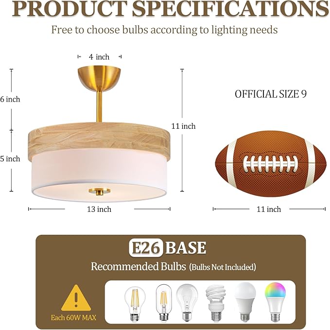 Bargeni Semi Flush Mount Ceiling Light,13 Inch Light Fixtures Ceiling Mount, Natural Wood Trim with Cream White Fabric Shade, Modern Ceiling Light Fixture for Bedroom,Hallway,Kitchen