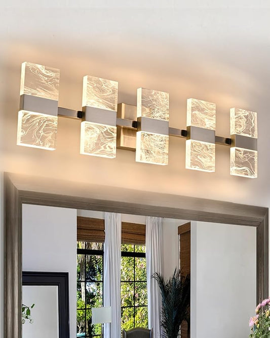 LED 3000K Bathroom Light Fixture in Brushed Nickel, Modern 5-Lights Vanity Lighting with Smoke Acrylic Shades, Wall Lamp Over Mirror for Kitchen Bedroom (Integrated Led Chips Included)