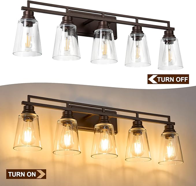 Refice 5-Light Bathroom Vanity Lights, Bathroom Light Fixtures with Clear Glass Shades, Vintage Oil Rubbed Bronze Wall Sconces Over Mirror for Living Room, Farmhouse, Hallway