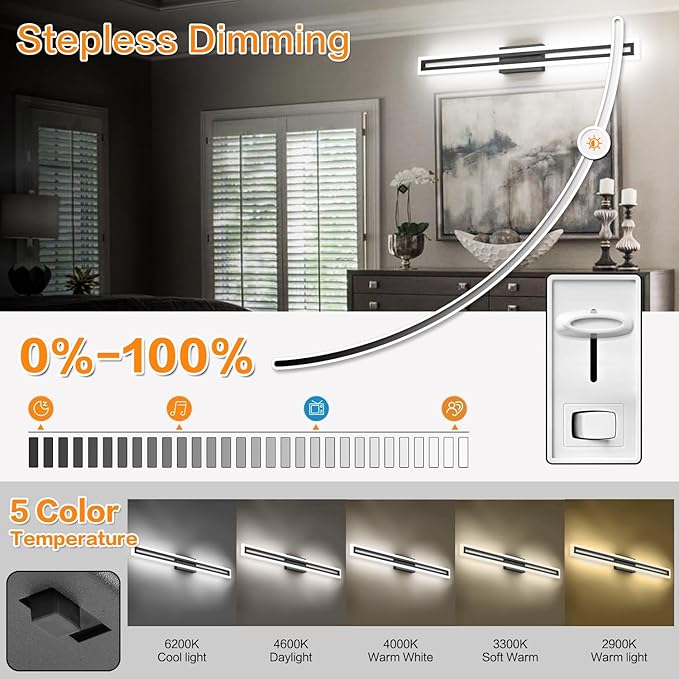 SOLFART 40 Inch LED Bathroom Light Matte Black Bathroom Vanity Light 5 Color Adjustable Light Fixtures for Bath Room Above Mirror 5CCT