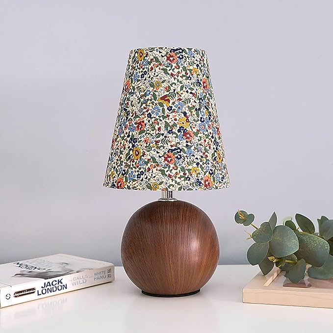 Vintage Wooden Base Fabric Night Lamp, Adjustable Light Color and Brightness with Power-Off Memory, Safe USB Powered, Retro LED Table Light for Bedroom Living Room Office (Floral)
