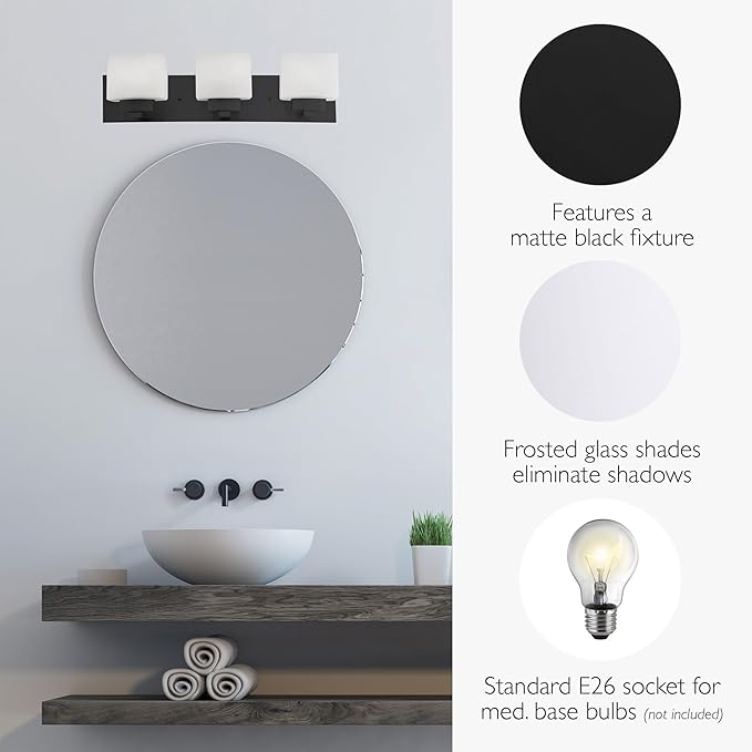 Design House Dove Creek Vanity Light, Dimmable, Frosted Glass, 3 Lights, Bathroom, Matte Black, 24 in x 6 in x 6.5 in, Item 588418