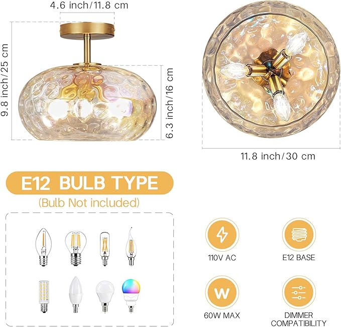 12" Iridescent Rainbow Hammered Glass Ceiling Light, 3-Light Semi Flush Mount Fixture, Modern Gold Lighting for Bedroom, Hallway, Kitchen, Dining Room, Living Room, Foyer