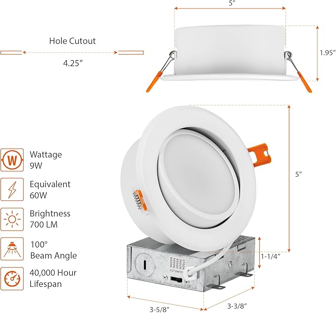 PROCURU [1-Pack] 4-Inch Gimbal Air-Tight LED 2700K-6000K 5CCT Color Selectable, Adjustable, Rotate & Swivel Ultra-Thin Heavy Duty Recessed Ceiling Downlight, Dimmable, IC Rated (VGB45W-1P)