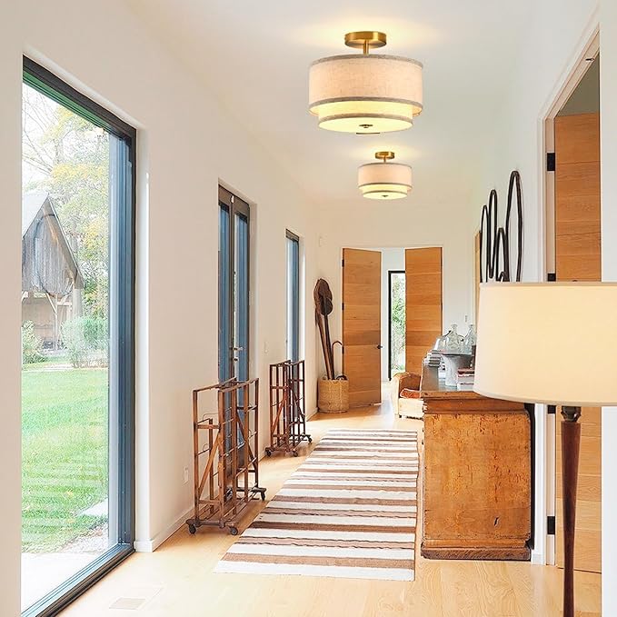 Semi Flush Mount Ceiling Light Fixture,12.6'' Gold Light Fixtures Ceiling Mount, Gold Drum lamp Close to Ceiling Light with 2-Layer Linen Shade, Ceiling Lights for Bedroom Hallway Living Room