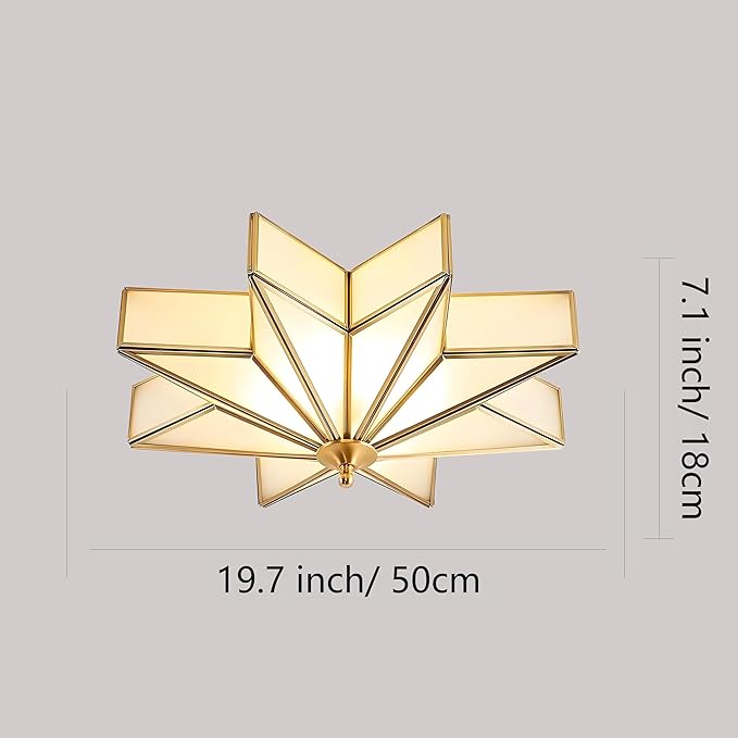 LIGHTLAND 19.7 Inch Flush Mount Star Ceiling Light, 4 Lights Brass Ceiling Lamp with Glass Lampshade, Art Deco Close to Ceiling Light Fixtures for Bedroom Living Room Entryway Hallway, Gold