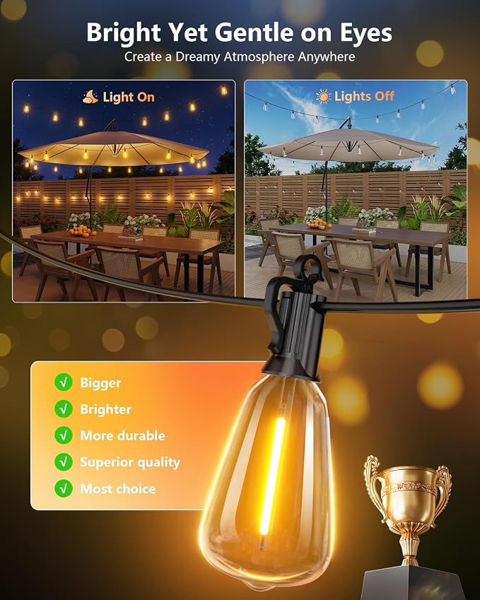 Brightown 37FT Solar String Lights Outdoor Waterproof with Remote & Timer, 10+1 LED Shatterproof Bulbs, USB/Solar Powered Dimmable Patio Lights for Garden Backyard Wedding Decor