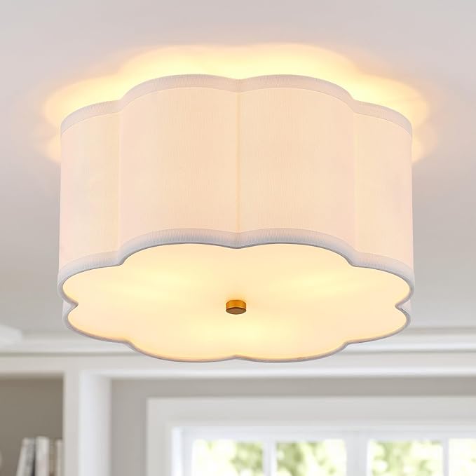 12.99“ Semi Flush Mount Ceiling Light Fixture Modern 3-Lights Gold Drum Ceiling Lighting Vintage Linen Ceiling Lamp for Laundry Room, Kitchen, Basement, Dining Room, Bedroom