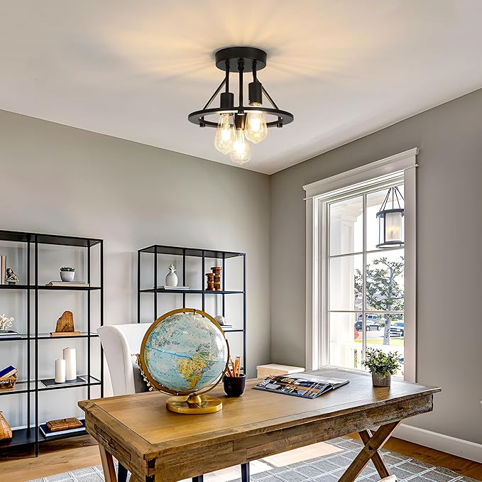 Semi Flush Mount Ceiling Light Fixture 3-Light Matte Black Ceiling Light E26 Edison Farmhouse Industrial Small Chandelier for Entryway Hallway Bedroom Kitchen Foyer Passway Balcony