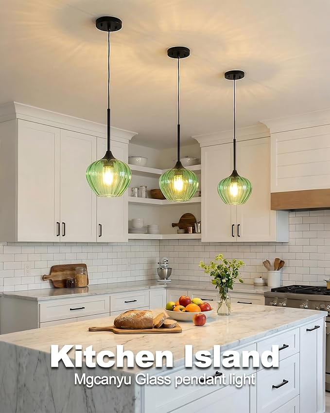 Green Pendant Lights Kitchen Island, 7" Vintage Glass Pendant Lighting Samll Adjustable Hanging Light Fixtures for Kitchen, Dining Room, Sink, Bathroom