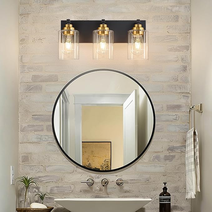 Fivesun Bathroom Vanity Light Fixture, 3-Light Black and Gold Bathroom Light Fixtures Over Mirror with Clear Glass Shades, Modern Vanity Lights for Bathroom Living Room Hallway (Bulbs Not Included)