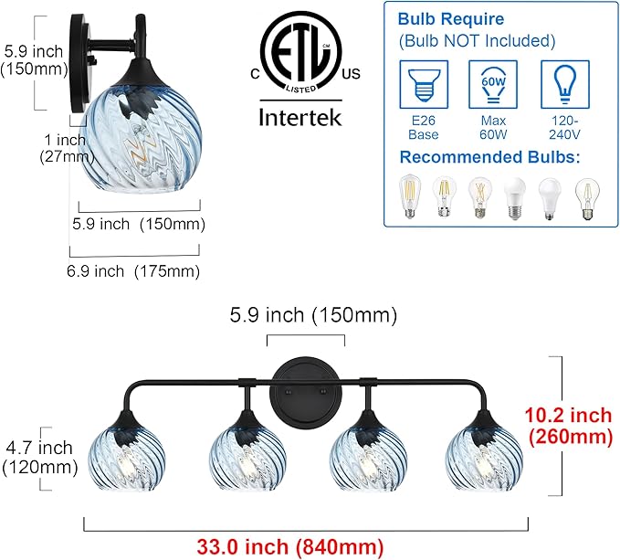 MELUCEE Bathroom Light Fixtures Black Vanity Light with Blue Striped Swirl Glass Shade, 4 Light Modern Wall Light Fixtures for Mirror Kitchen Living Room Bedroom Hallway
