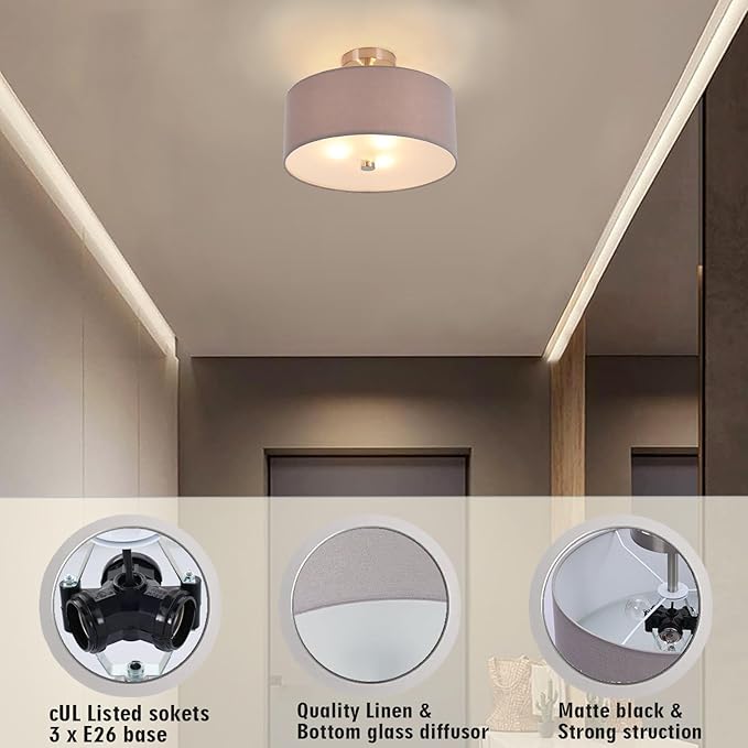 14 inch Semi Flush Mount Ceiling Light: 3-Light Modern Brushed Nickel Light Fixtures Ceiling Mount Lamp, Drum Gray Linen Shade & Glass Diffuser Perfect for Entryway Kitchen(Bulb Exclude)