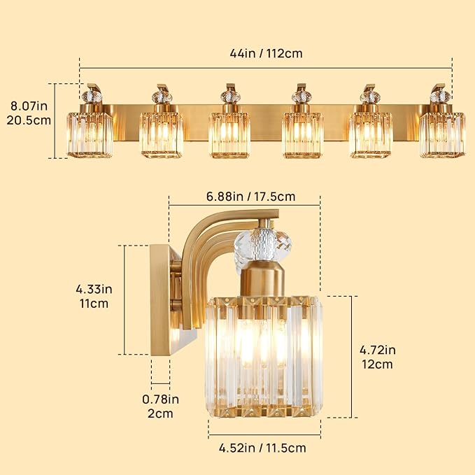 Modern Bathroom Vanity Light, 6-Light Gold Bathroom Lighting Fixtures Over Mirror, 44.1" Crystal Wall Light Sconce for Bathroom/Bedroom/Vanity, Includes LED Bulbs, Easy Installation