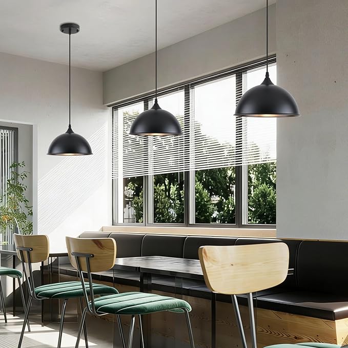 9.8 inch Farmhouse Pendant Lights Kitchen Island 3 Pack, Matte Black Dome Pendant Lights, Industrial Kitchen Pendant Lighting, Island Lights for Kitchen, Dining Room