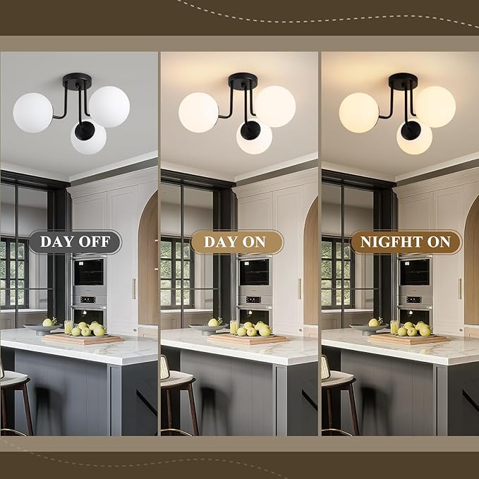 Modern Semi Flush Mount Ceiling Light, 3-Light Glass Globe Ceiling Light Fixture, Matte Black Mid Century Sputnik Chandelier for Living Room, Bedroom, Hallway, Kitchen (Blub Included)