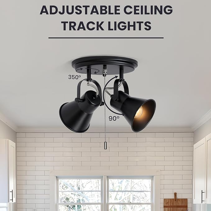 SEEBLEN 2-Light Black Track Lighting with Pull Chain, Industrial Adjustable Pull Chain Light Fixture Round Ceiling Light, Modern Flush Mount for Kitchen, Hallway, Dining Room