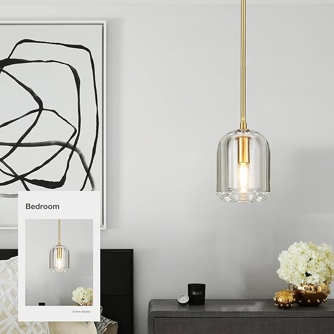 Brass Pendant Light Fixtures,5.1" Modern K9 Crystal Gold Pendant Lights for Kitchen Island Dining Room Living Room Bedroom Bathroom,E12 Bulb Included