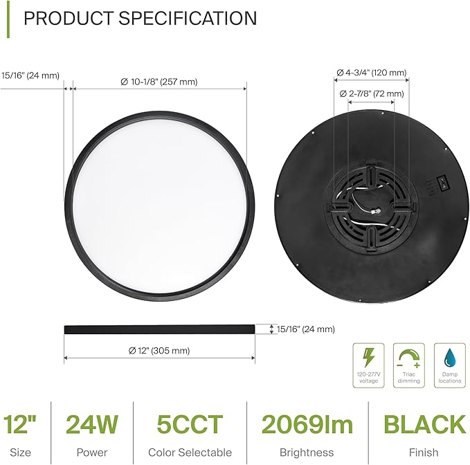ASD LED 12" Round Flush Mount Ceiling Light Fixture, Low Profile Surface Lighting | 5CCT, Dimmable, Ultra-Thin, ETL Listed | 24W 2000LM 2700-6000K 100-277V | Kitchen, Hallway Lamp | Black, 12 Pack