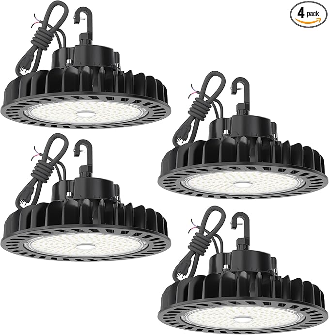 HYPERLITE LED High Bay Lights 150W 21,750lm 5000K 1-10V Dimmable UFO Led High Bay Light UL Listed 5' Cable High Bay Led Lights Alternative to 650W MH/HPS for Gym Factory Warehouse 4-Pack