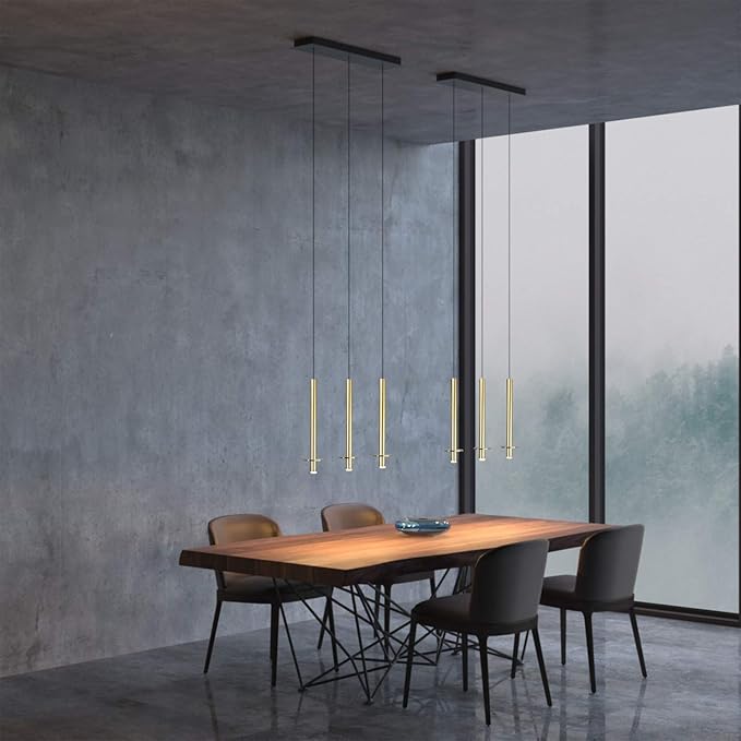 Draco 3 Pendant Lighting Brass – LED Hanging Light Fixture for Kitchen Island, Bar, Foyer – Equilateral Cluster of Mini Metal Rod Pipe Tube Cylinders – Dimmable, Adjustable Wire, Lamp Bulb Included
