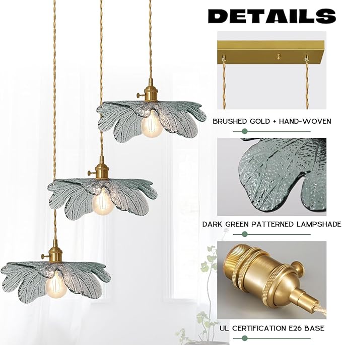 Mid Century 3-Light Pendant Chandelier – Dark Green Glass Shades & Gold Brass, Vintage Hanging Light for Dining Room, Kitchen Island, Farmhouse Living Room