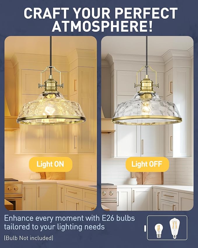 kudos Gold Pendant Lights Kitchen Island, 11" Brass Kitchen Island Lighting with Clear Hammered Glass Shade, Farmhouse Hanging Light Fixture for Kitchen Sink Dining Room Hallways, KDPL13-GD-H