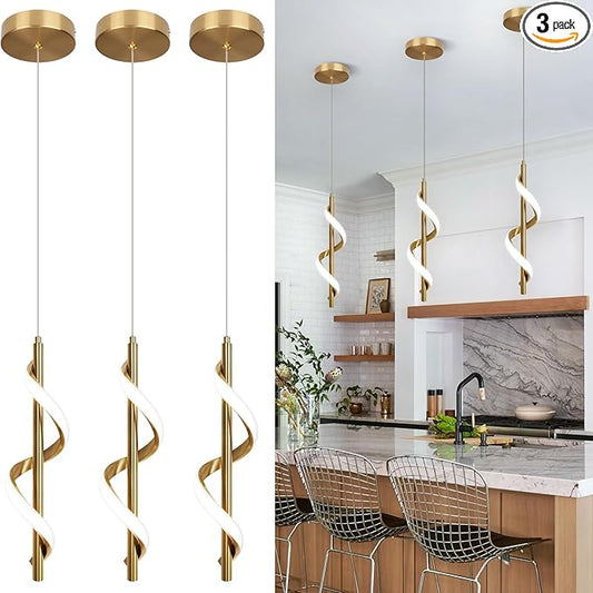 CANEOE 3 Packs Modern Spiral Led Pendant Light Fixture, Cold White 5500K Gold Kitchen Island Pendant Lamp, Adjustable Hanging Light Fixture for Bedroom Living Room Kitchen Sink (Gold)