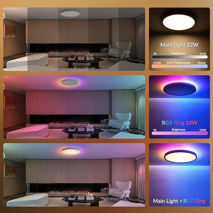 1 Pack 16 Inch Smart RGB LED Ceiling Light with Remote, WiFi Flush Mount Ceiling Light Compatible with Alexa & Google Home, 32W=3200LM Dimmable, DIY Colors, for Bedroom Living Room