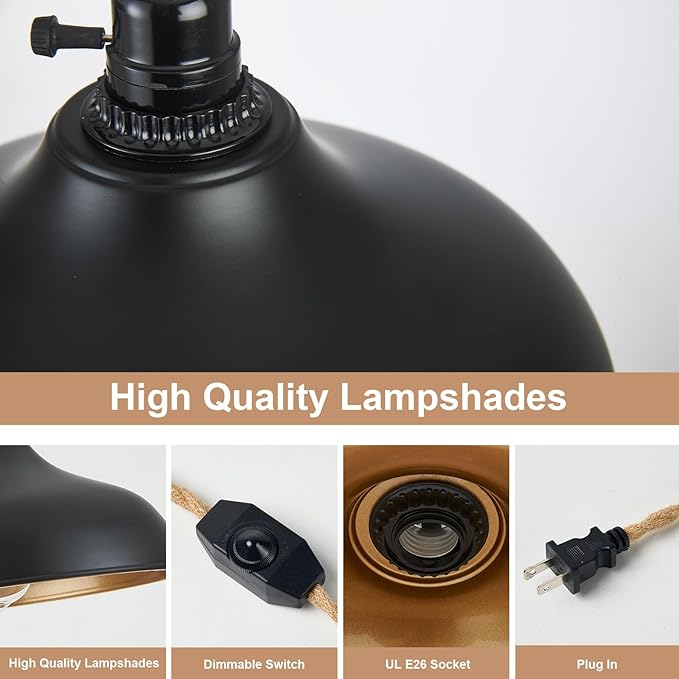 Plug in Pendant Lights Dome Hanging Lamp with Dimmable Switch 15 Ft Long Hemp Rope Farmhouse Pndant Light Cord Lighting Fixture DIY Hanging Light