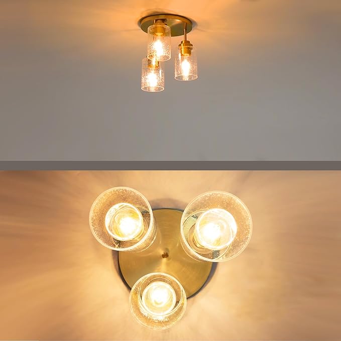 hykolity 3-Light Semi Flush Mount Ceiling Light, 9 Inch Gold Close to Ceiling Light Fixtures with Seeded Glass Shades, Modern Ceiling Lighting for Kitchen, Bedroom, Entryway, Hallway, ETL Listed