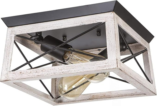 Luupyia 2Light Farmhouse Ceiling Light Fixture Semi Flush Mount, White Ceiling Light Rectangle Rustic Lighting Farmhouse Hallway Lights Fixtures Foyer Lighting for Entryway