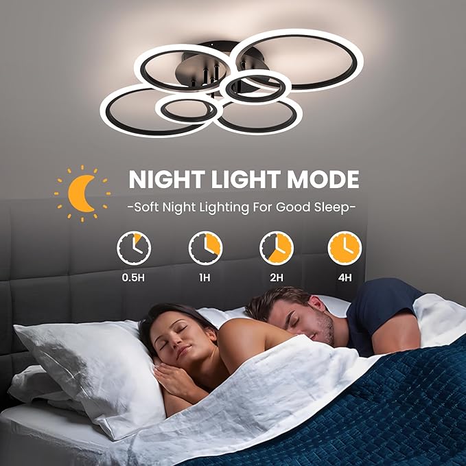 Modern Ceiling Light, 6 Rings Black Dimmable Flush Mount Ceiling Light with Remote, Acrylic Close to Ceiling Lighting Fixture for Living Room Dining Room Bedroom Kitchen (Black, 6 Heads)