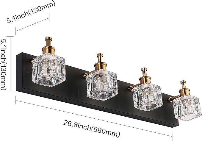 PRESDE Modern Black Bathroom Vanity Light Fixtures Over Mirror LED 4 Lights Crystal Bath wall Lighting