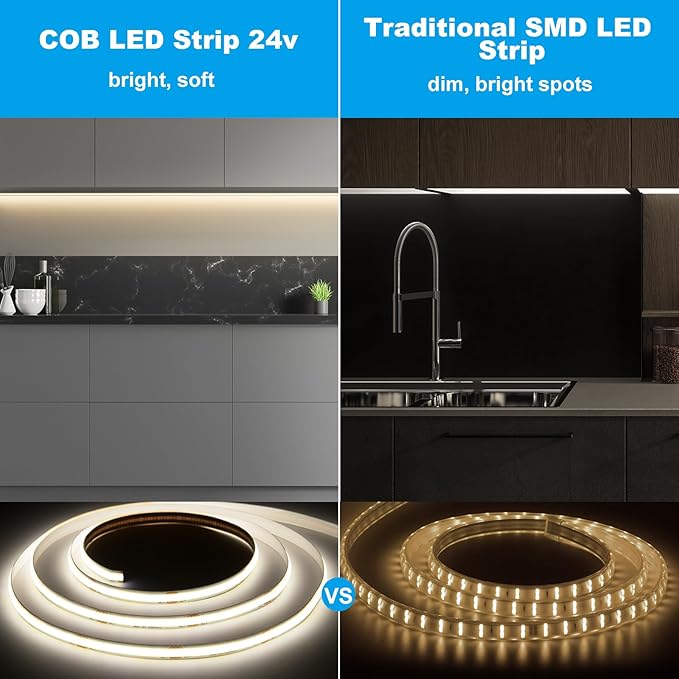 GIDEALED 32.8ft 24V COB LED Strip Light 4000K,Daylight White LED Strip COB,High Density Uniform Flexible FCOB LED Light Strip Under Cabinet Lighting,Don't Include Power Supply and LED Controller