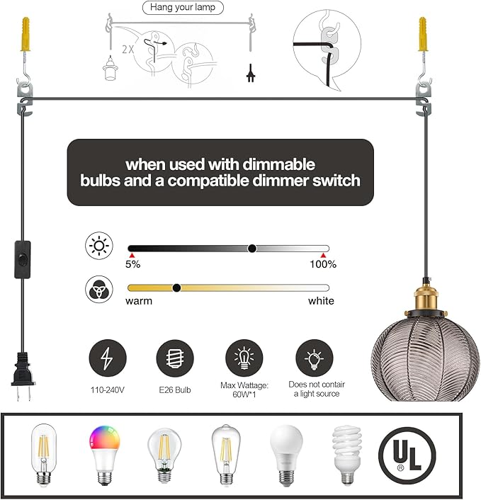 Modern Plug in Hanging Light, 7.8 Inch Glass Pendant Light with 14.76 FT Adjustable Plug in Cord, Vintage Smoke Gray Hanging Lamp for Dining Room Bedroom Kitchen Island Bathroom E26
