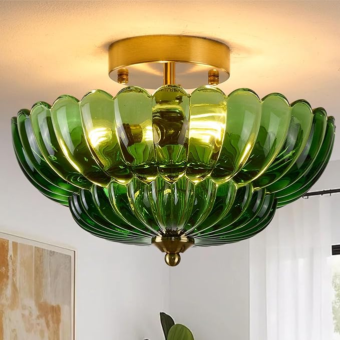 Semi Flush Mount Ceiling Light, Green Glass Ceiling Light Fixture, 3-Bulb Gold Close to Ceiling Light, Vintage Glass Ceiling Lights for Bedroom Kitchen Living Room, Support inline roof installation