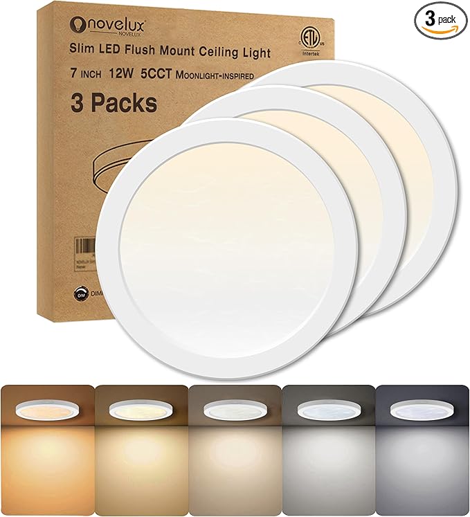 7.3" Flush Mount Ceiling Light Dimmable With ETL CERT, 5CCT LED Moon Style Round Light Fixture for Bedroom, Bathroom, Kitchen, Hallway, Basement, Closet, White 3Pack