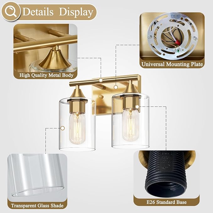 Gold Vanity Lights for Bathroom,2-Light Bathroom Light Fixtures,Brushed Brass Gold Wall Sconce Lighting,Modern Wall Lamp for Mirror Bedroom Vanity Table Hallway